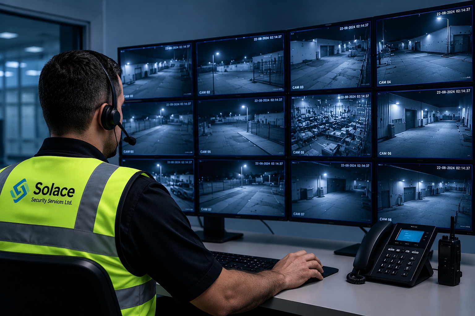 CCTV operator wearing a headset monitoring a wall of camera screens