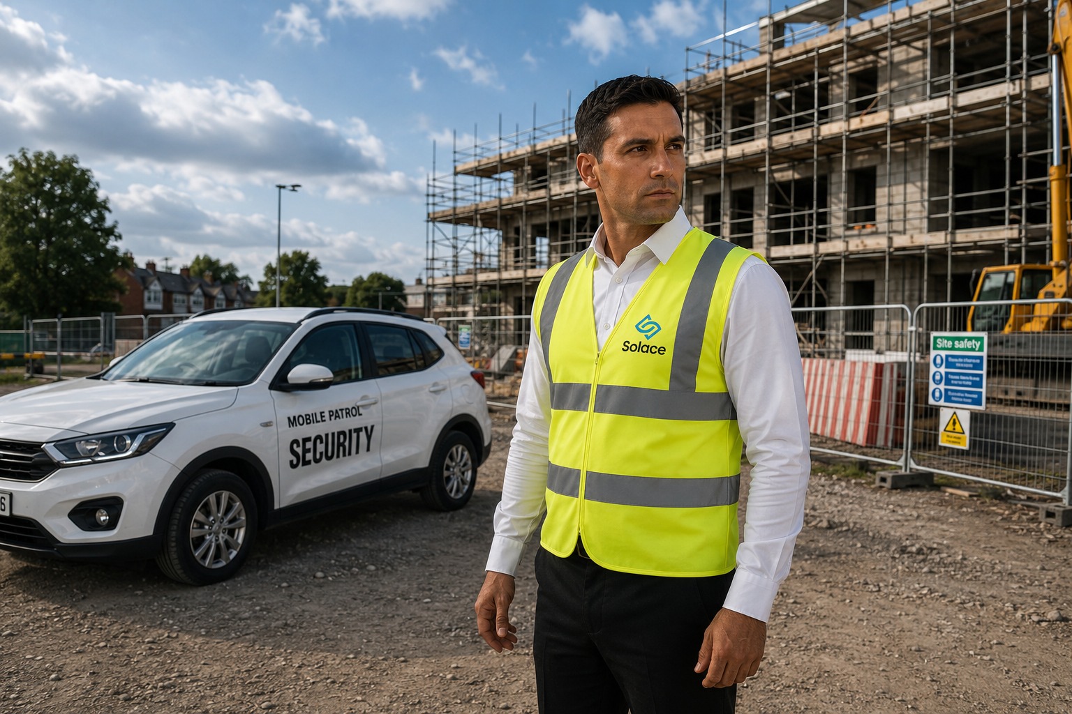 Solace security officer standing beside a marked patrol car on a construction site