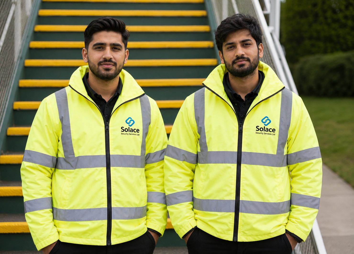 Two Solace security officers in branded high visibility jackets