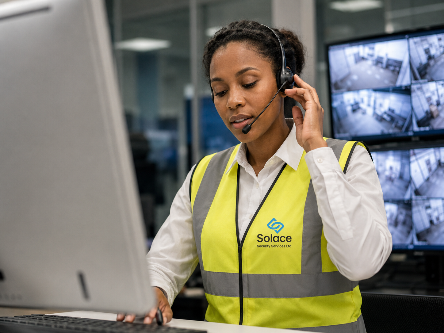 Solace control room operator with a headset monitoring CCTV screens