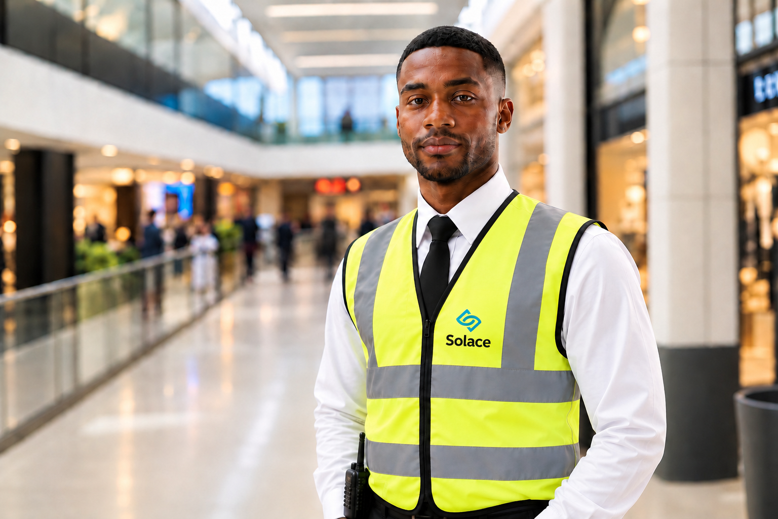 Solace security officer in a branded high visibility vest inside a shopping centre
