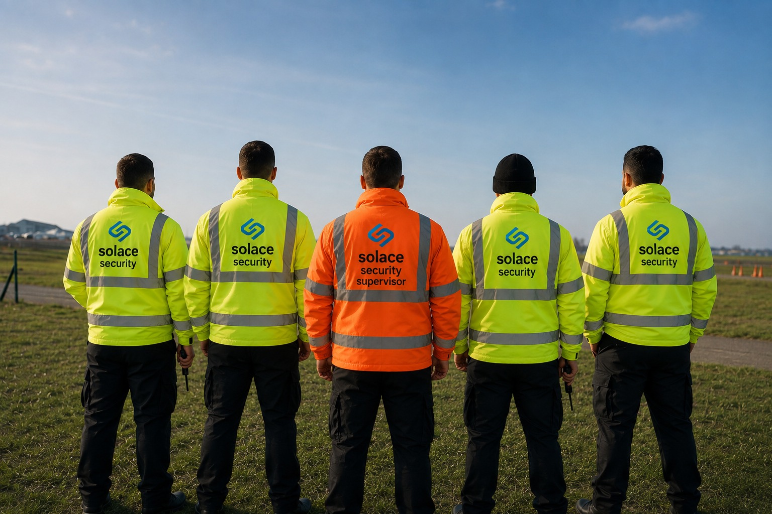 Team of Solace security officers and a supervisor in branded high visibility jackets