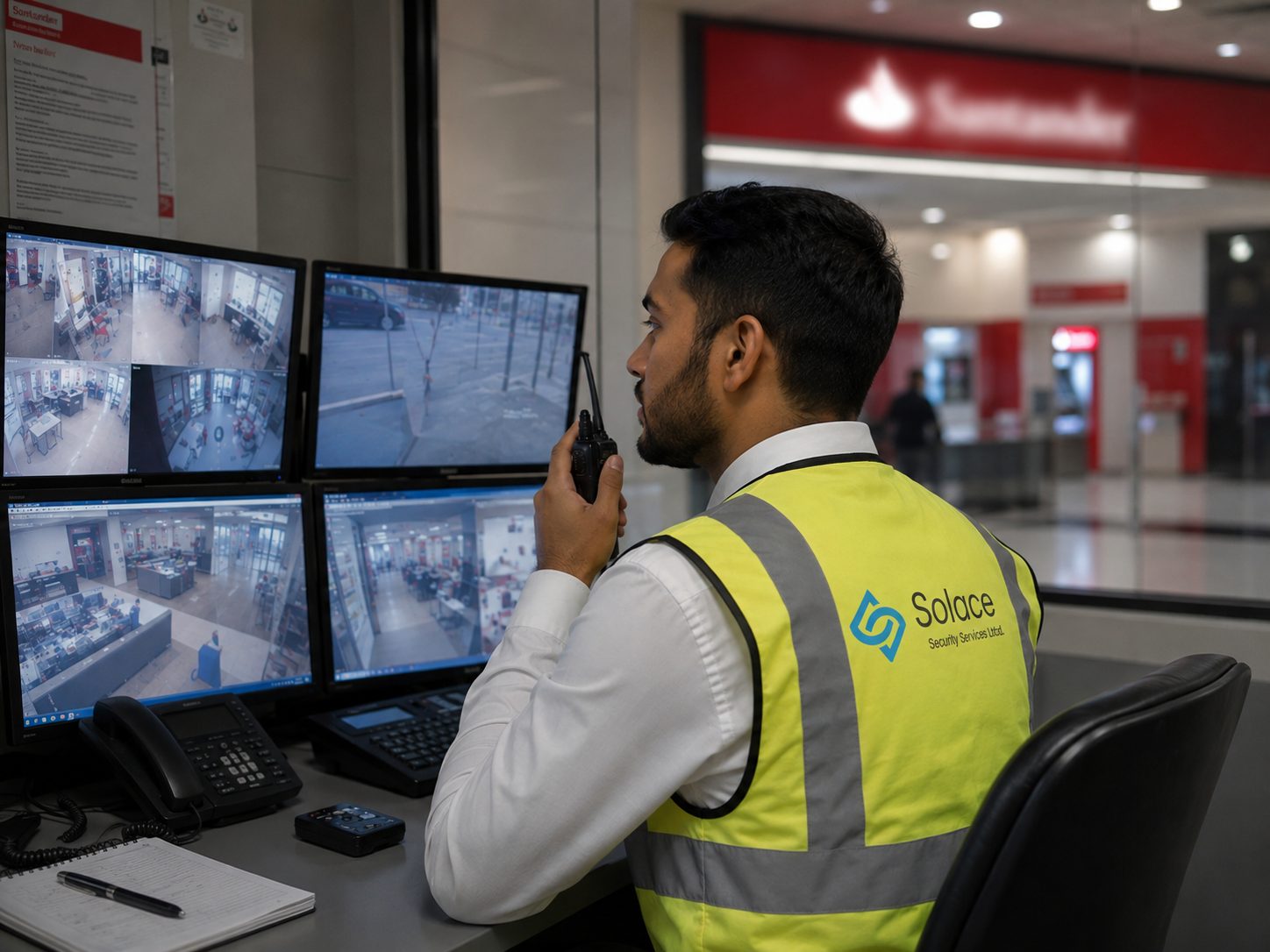 Solace CCTV operator monitoring camera screens on a radio