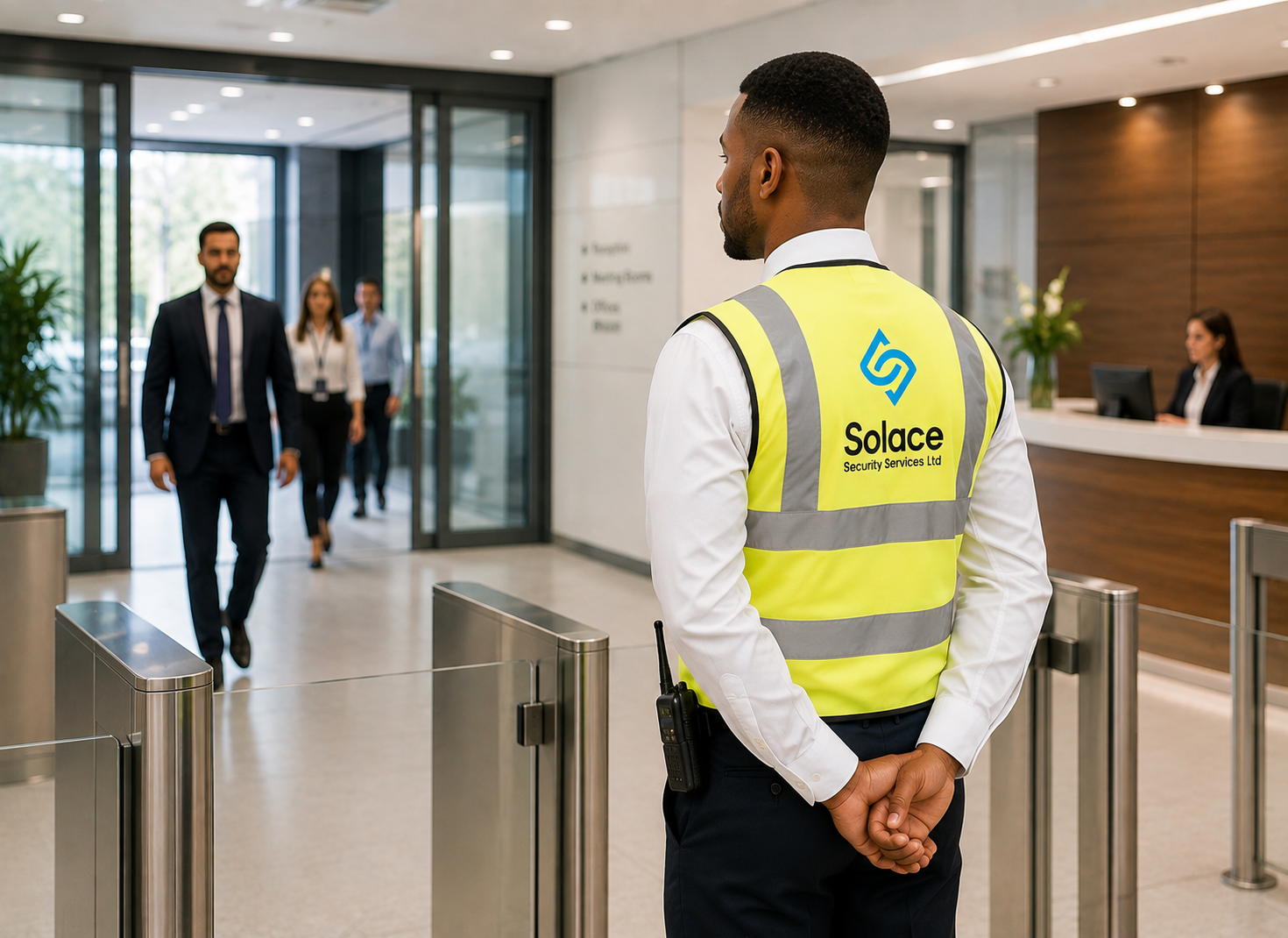 Solace security officer overseeing visitors entering a corporate building reception